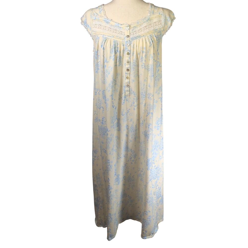 Eileen West Cottage Blue Floral Light Yellow Midi Cap Sleeve Cotton Nightgown Sm